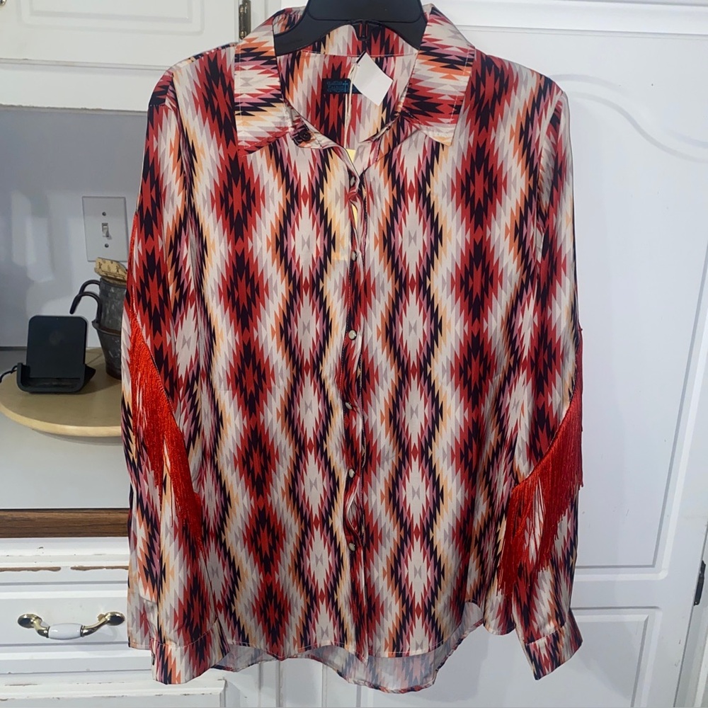 Vibrant Red Patterned Women's Western Blouse with Fringe XL Snap Pearl Buttons
